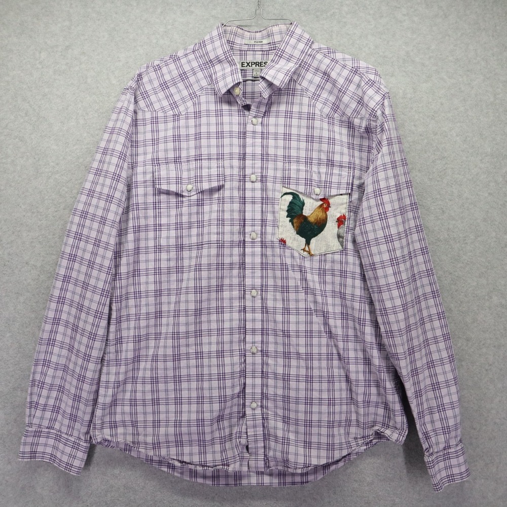 Express Shirt Mens Large Western Pearl Snap Button Up Purple Plaid‎ Long Sleeve
